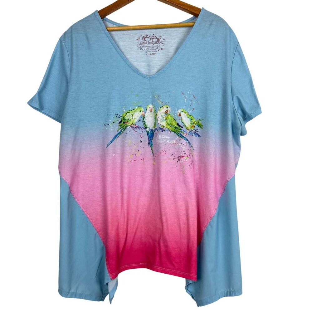 Leoma Lovegrove Womens V-Neck Top XL Parrots Wearable Art Blue Pink Gradient